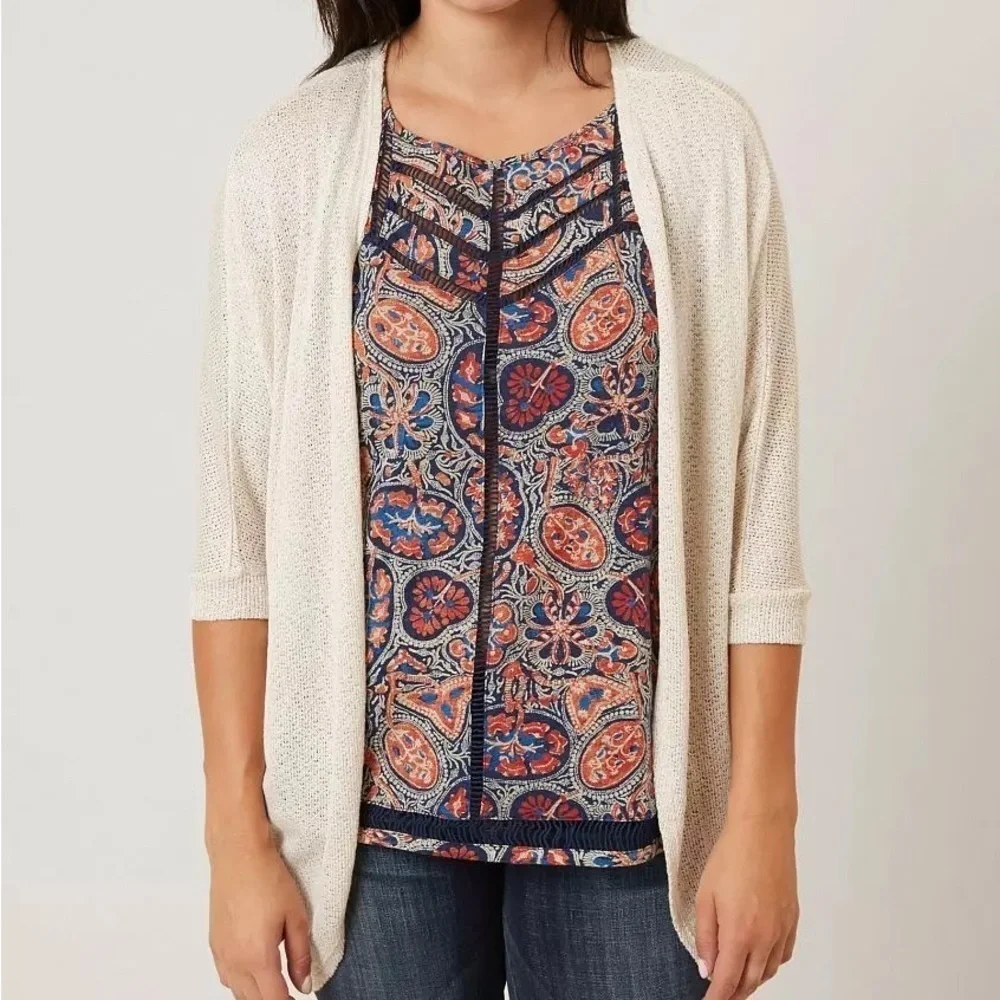 Daytrip Cream Flyaway Knit Open Front Lightweight Cardigan Sweater Size L New
